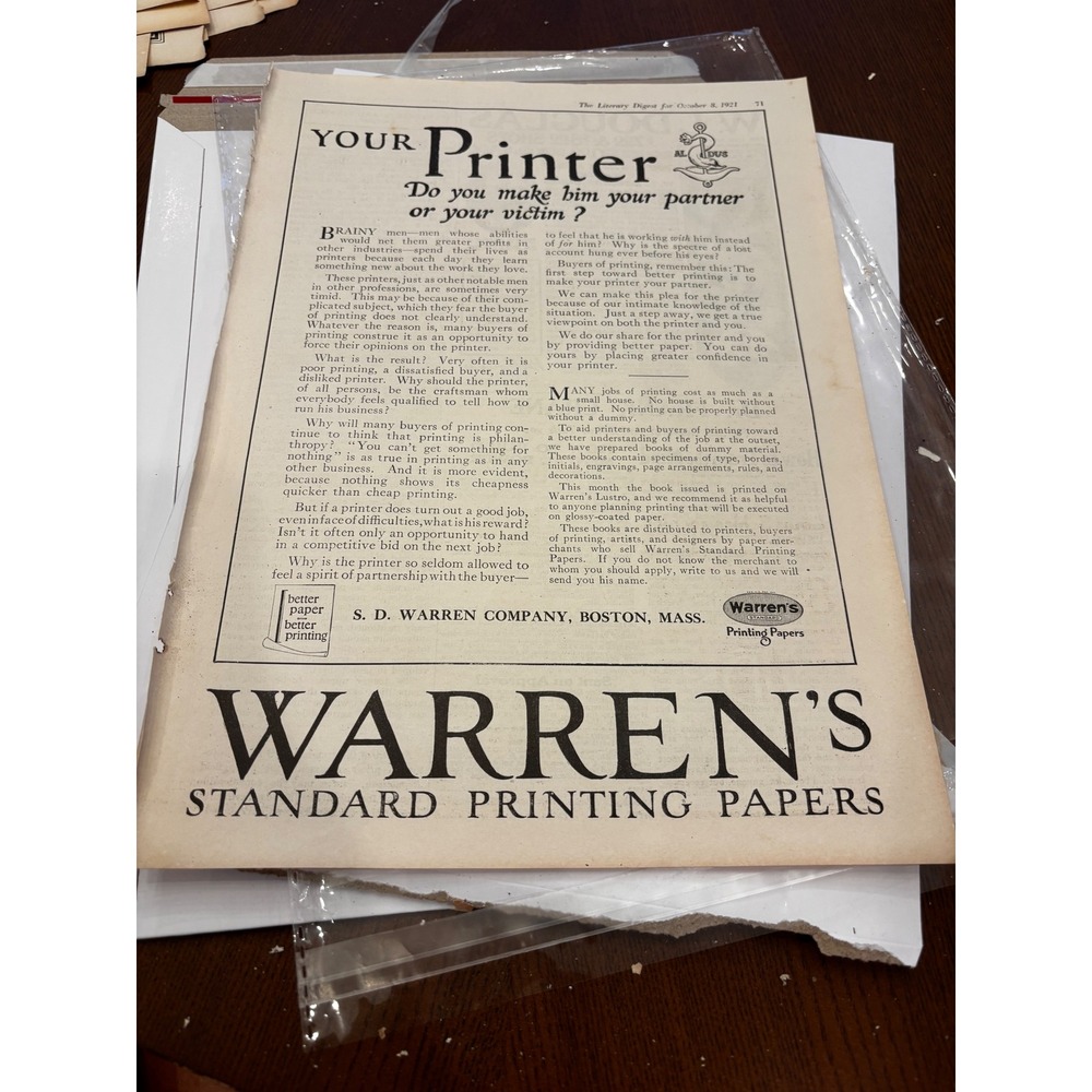 Vintage 1921 Warrens Printing Papers Ad WL Douglas Shoes Dr Frank Crane Art